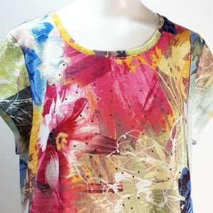 VTG Colorful Floral Print🌹Round Neckline Short Sleeve♡Spring/Summer Top